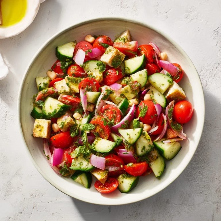 Homemade fresh cucumber and chickpea salad, tossed and ready to serve for a light, healthy meal.