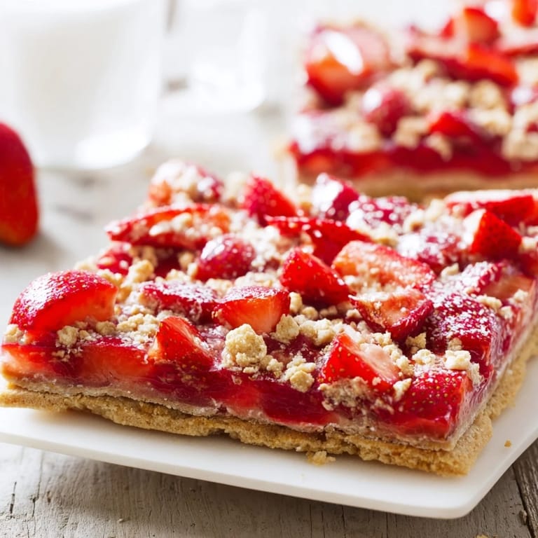 Freshly baked Simple Homemade Strawberry Jam Squares with a vibrant strawberry jam filling, enticing dessert.