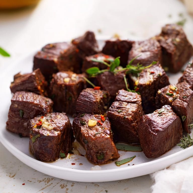 Flavorful American main course: juicy skillet-seared steak bites with garlic butter and fresh herbs.