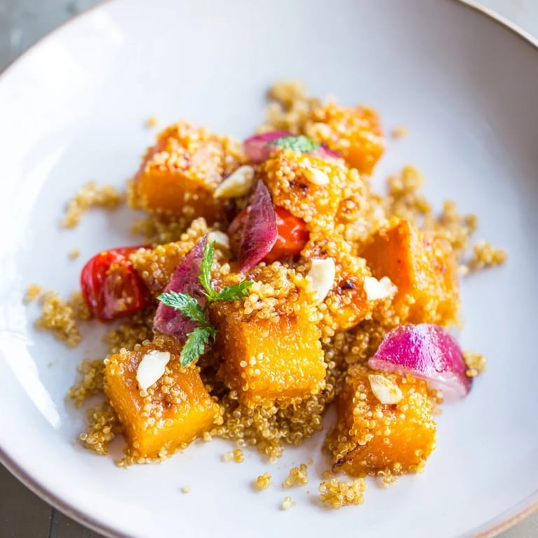 This delicious Golden Honey-Roasted Butternut Squash Bowl displays a colorful vegetarian meal, drizzled with honey-lime.