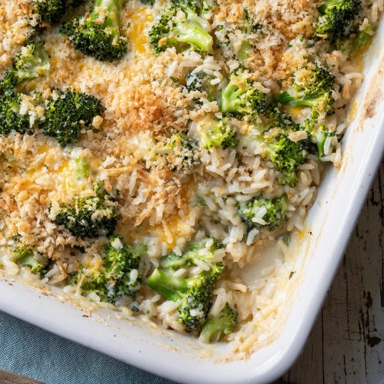 A bubbly casserole of Cheesy Broccoli and Rice All-in-One Bake, with melted cheese and tender broccoli florets.