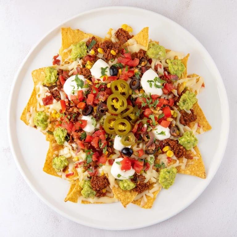 A generous serving of classic sheet pan beef nachos, showcasing the layers of texture and deliciousness.