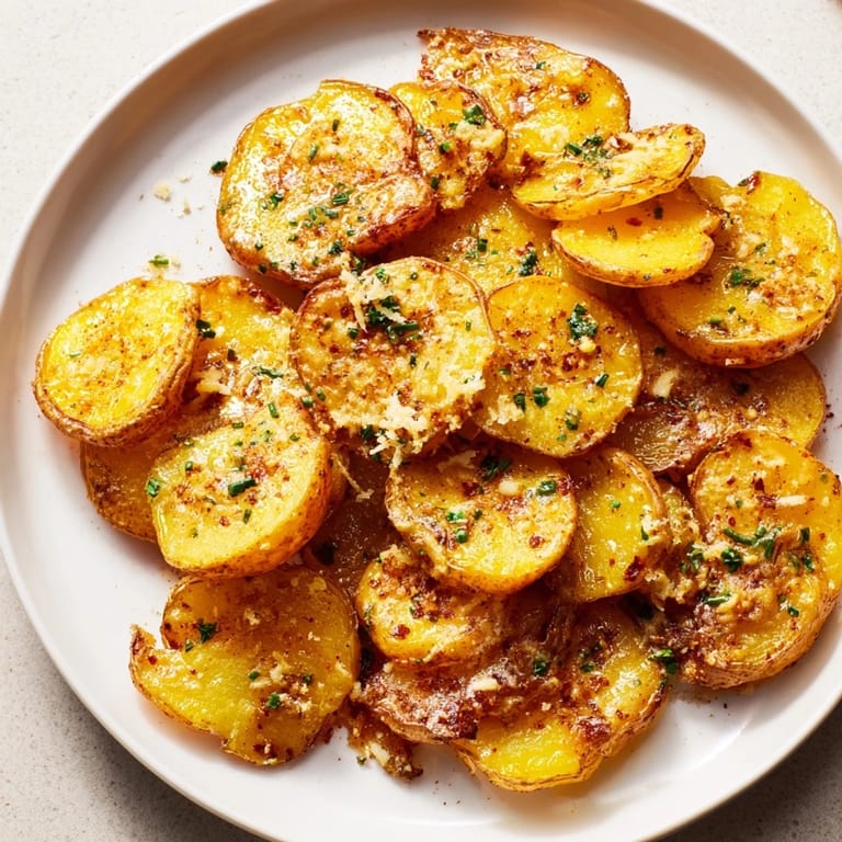 A close-up of buttery, cheesy Parmesan smashed potatoes, garnished with fresh herbs right from the oven.