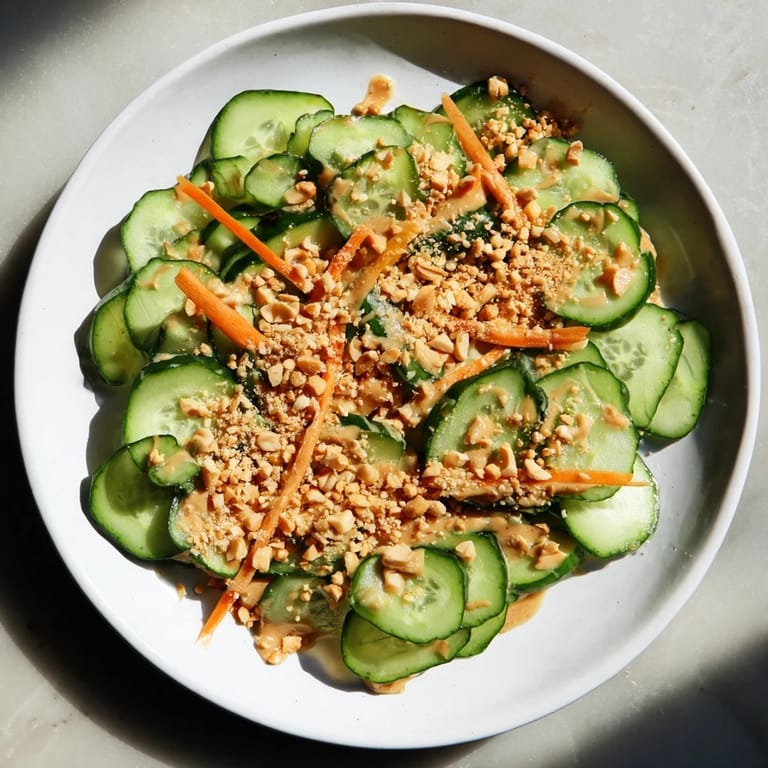 A close-up of Thai-Style Peanut Cucumber Salad, showing fresh cilantro and a drizzle of peanut dressing.