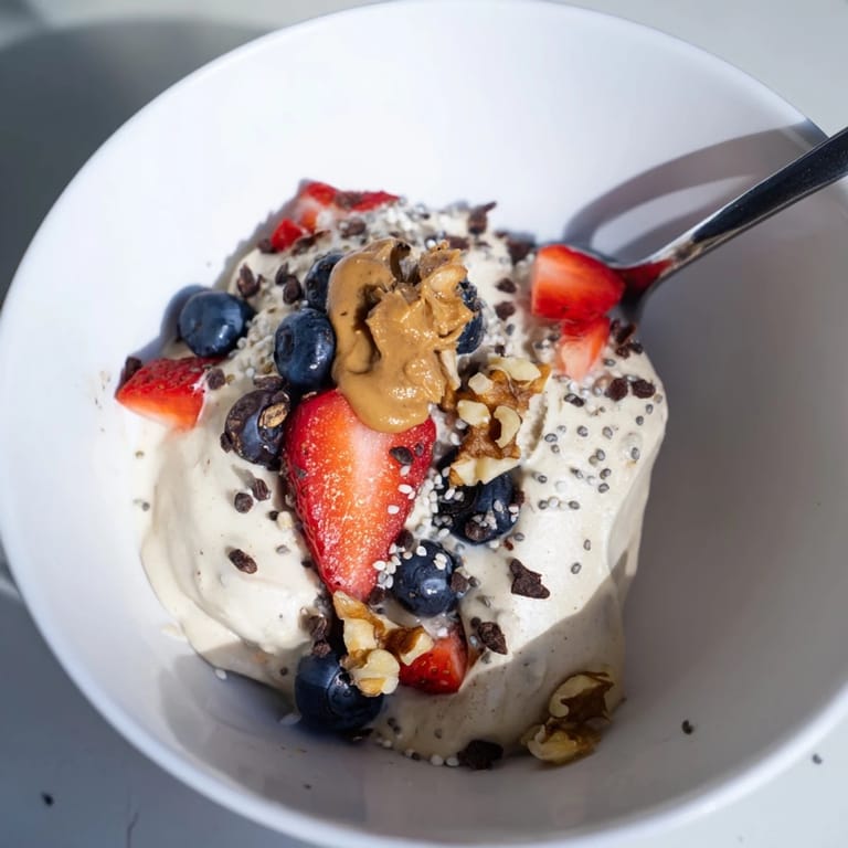 This vibrant Protein Ice Cream Bowl shows delicious toppings like berries, nuts, and chocolate chips.