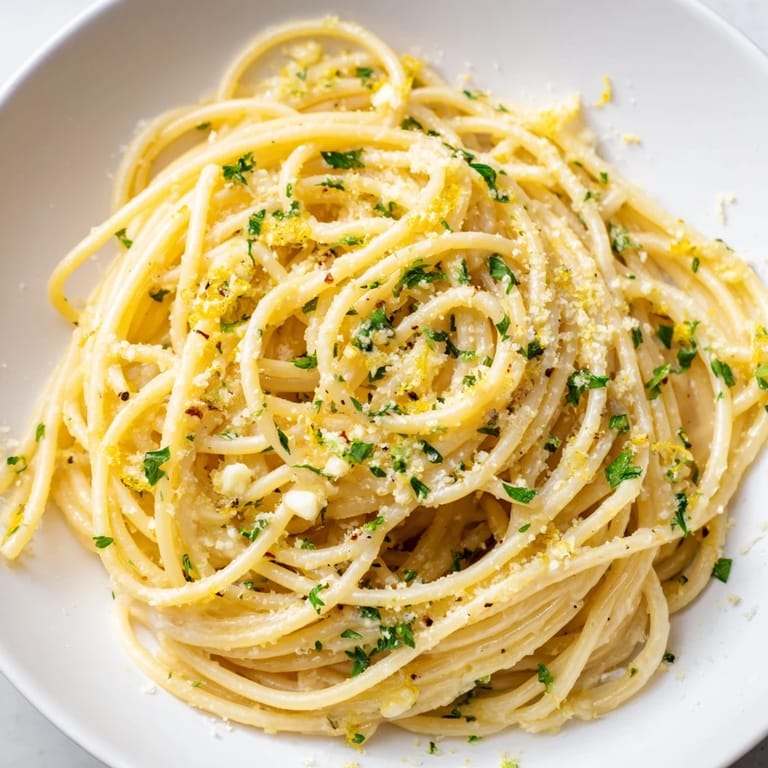 A close-up shot of golden, buttery Garlic Butter Noodles with Parmesan cheese, hinting at rich flavor.
