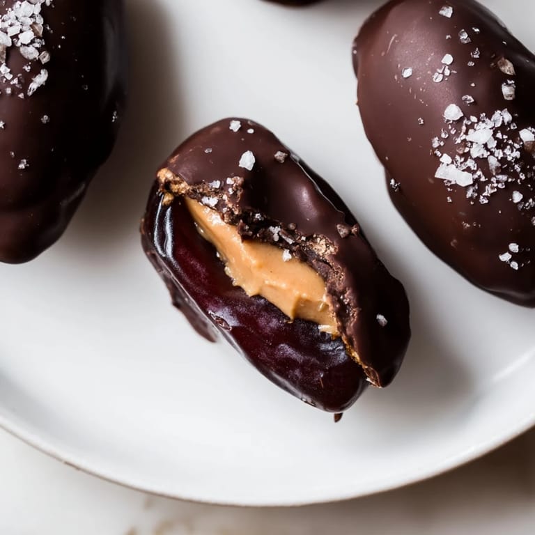 Sweet and salty: Flaky sea salt sprinkled on delicious Chocolate Peanut Butter Dates, a healthy snack idea.