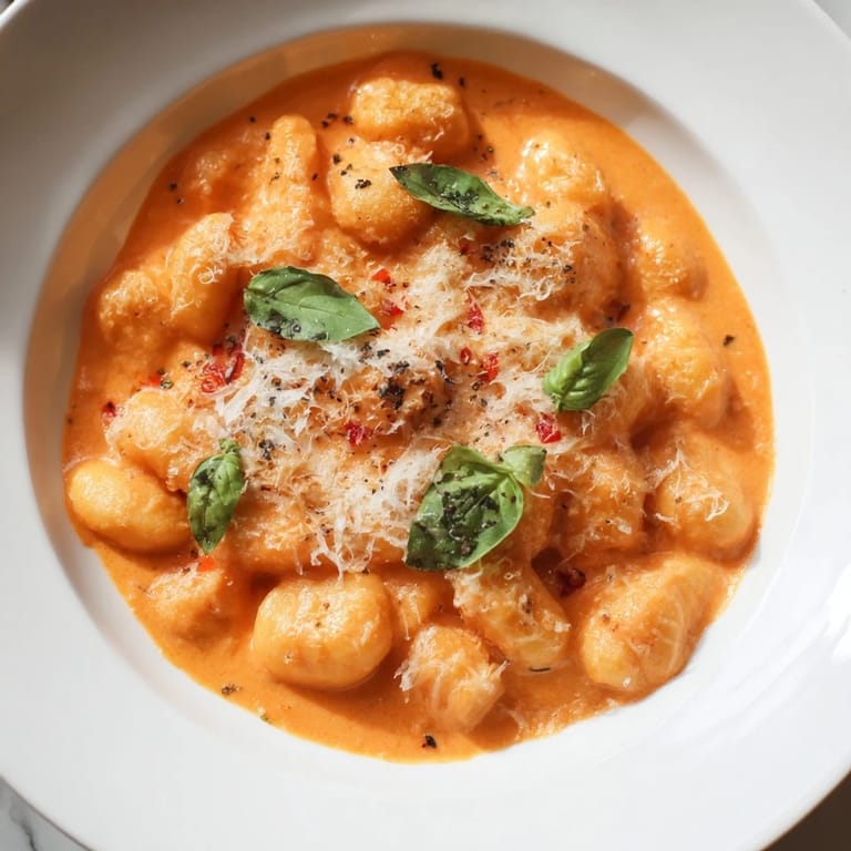 Warm, creamy bowl of Creamy Tomato Gnocchi: soft gnocchi bathed in a luscious tomato sauce.