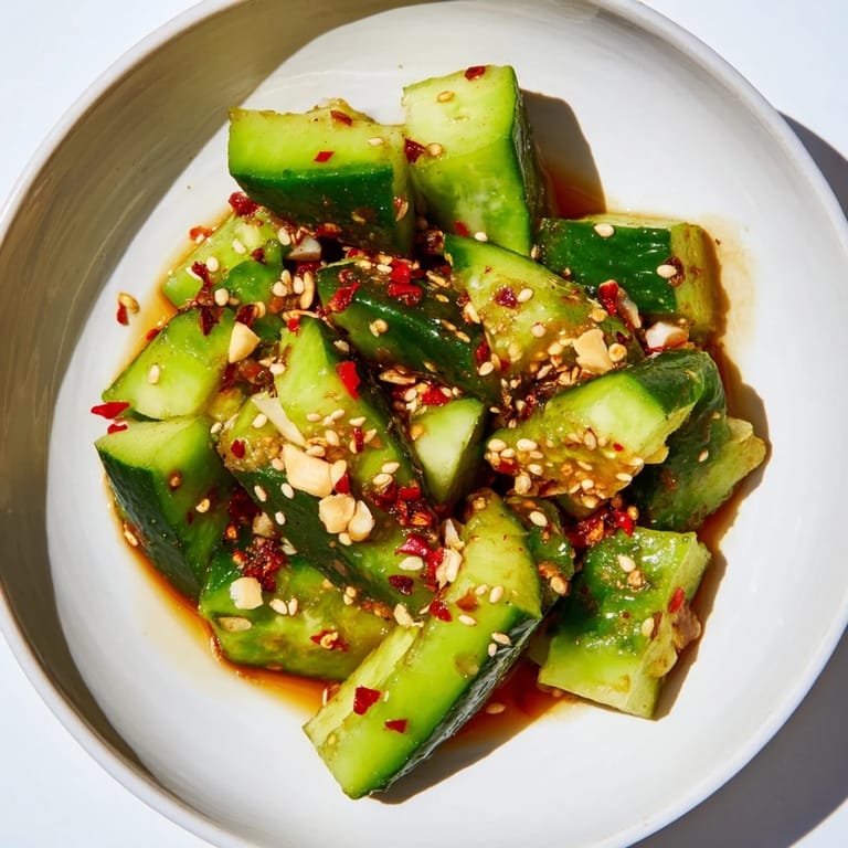 A close-up of the finished Chinese Spicy Smashed Cucumber Salad: crunchy cucumbers with a spicy, glistening sauce.
