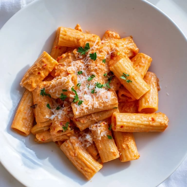 Golden-brown rigatoni pasta coated in a vibrant, spicy, and creamy Gigi Hadid-Style Rigatoni dish.