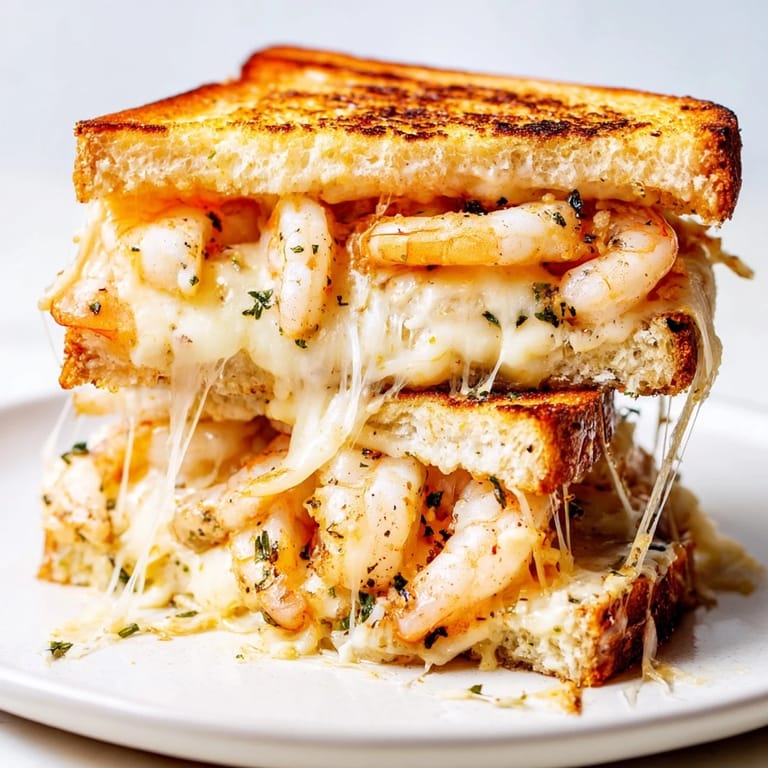This Quick Shrimp Grilled Cheese shows a close-up of the perfectly toasted sourdough, overflowing with shrimp and cheese.