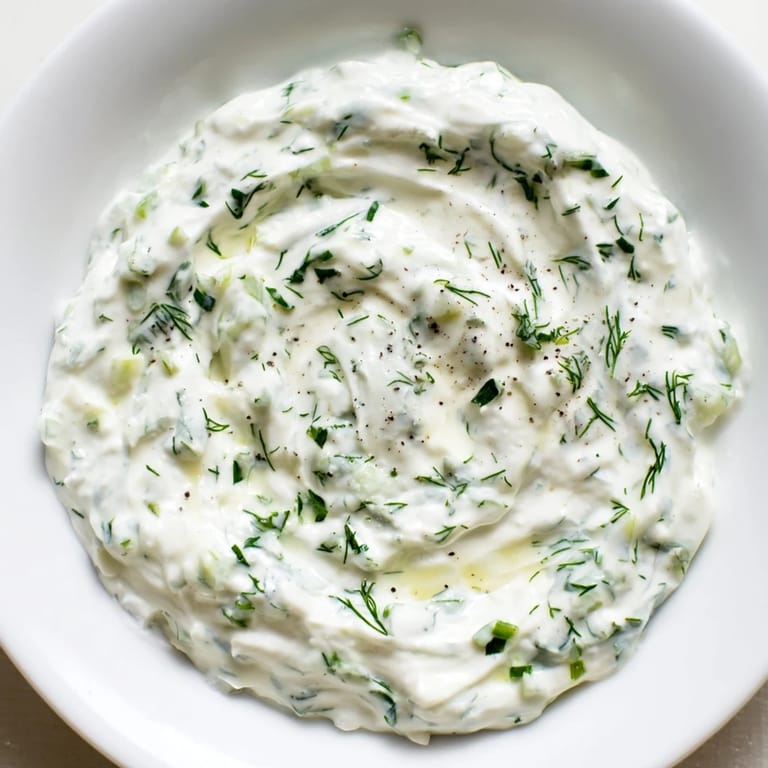 A close-up of a bowl of Greek Yogurt Herb Dip, ready to be scooped with pita chips.
