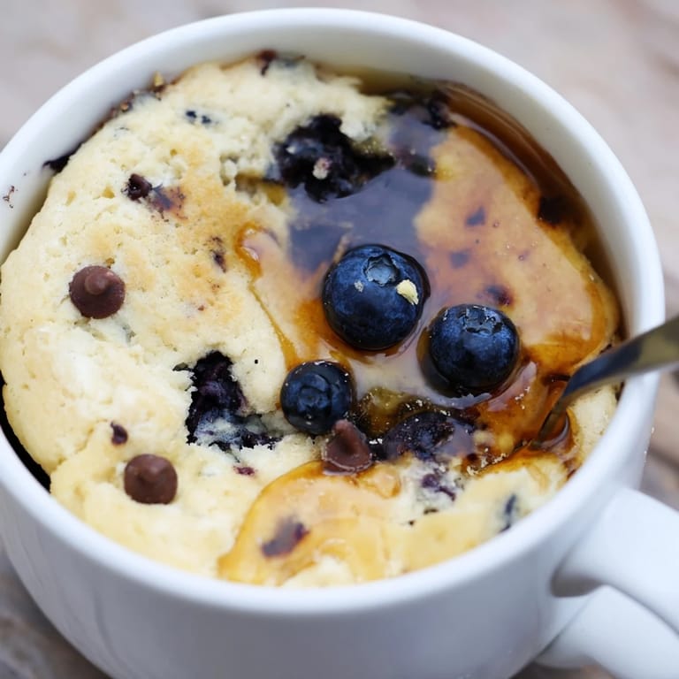 A warm, single-serving of microwave mug pancakes topped with fresh, juicy berries, perfect treat.