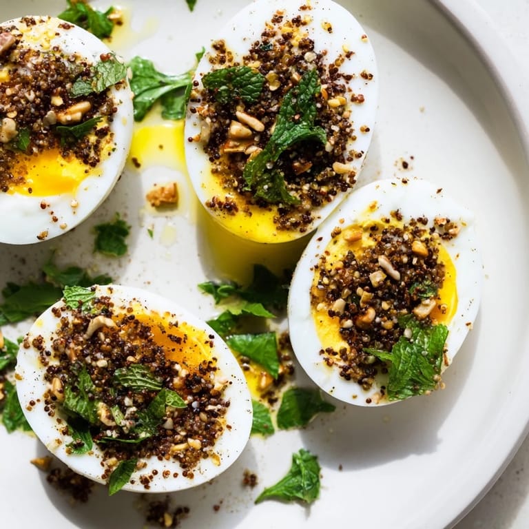 Golden yolks peek from halved Dukkah-Spiced Eggs, generously sprinkled with dukkah and fresh green herbs.