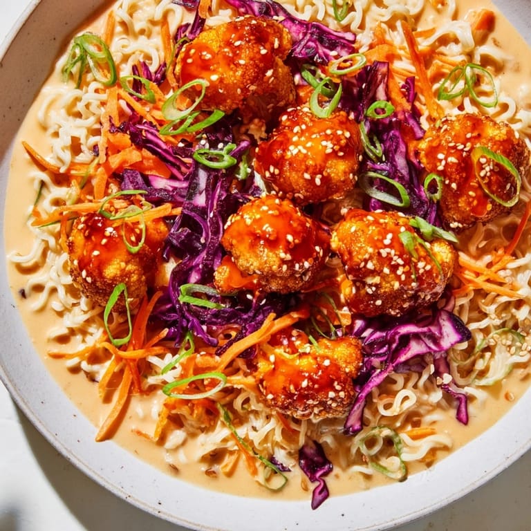 Textured image—spicy Chaos Cooking Buffalo Cauliflower Ramen in a bowl ready to enjoy as a meal.