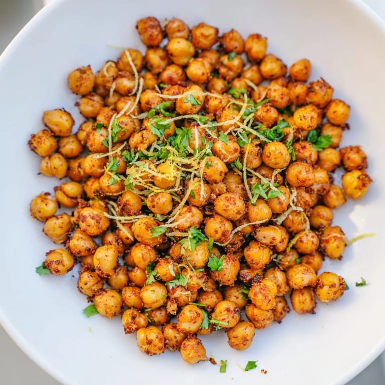A close-up view of a bowl of spicy Harissa Chickpea Roast, fresh from the oven, ready to serve.