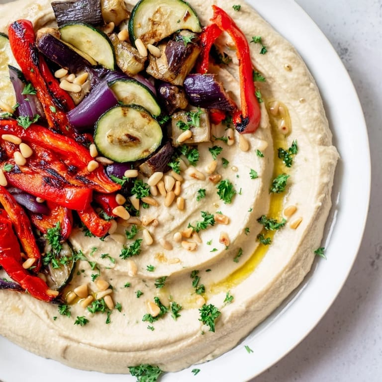 A close-up of Hummus Roasted Veggies: smoky roasted vegetables on a bed of smooth, flavorful hummus.
