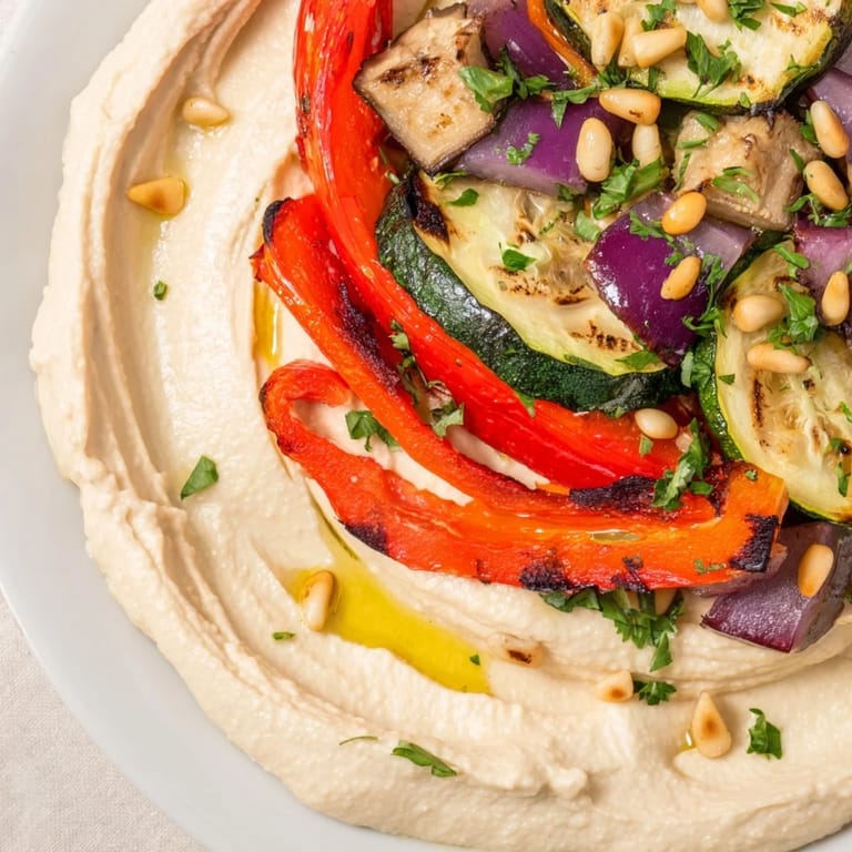 Enjoy a visual feast of Hummus Roasted Veggies: a Mediterranean dish with toasted pine nuts and fresh parsley.
