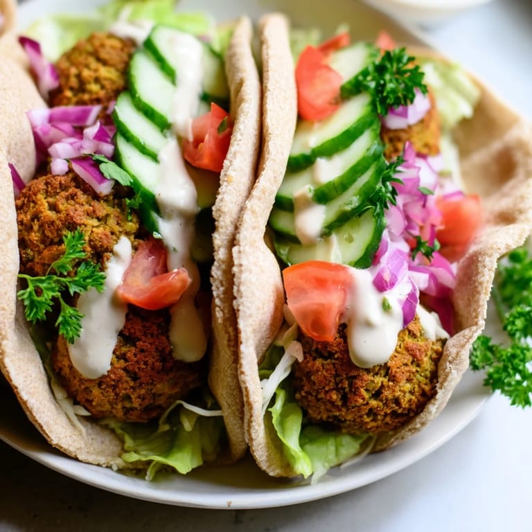 A close-up of a fully-loaded falafel pita pocket, ready to eat, with crispy falafel and colorful toppings.