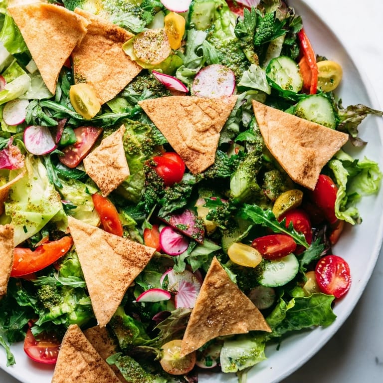 Close-up shot of Fattoush Crunch Salad showcasing crispy pita and zesty sumac dressing flavors.