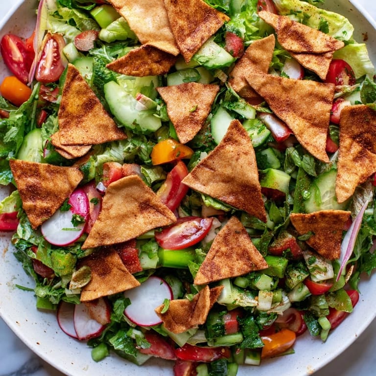 This bright Fattoush Crunch Salad features mixed greens, ripe veggies, and toasted pita for a satisfying crunch.