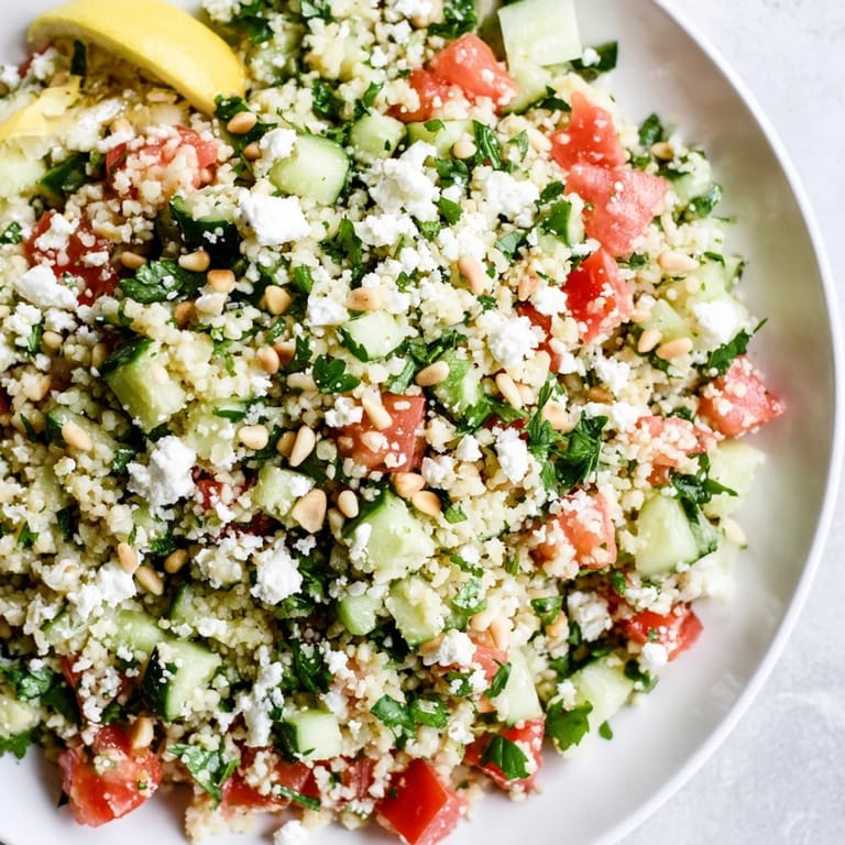 Close-up of a flavorful Tabbouleh Grain Bowl, showcasing bulgur, fresh herbs, and a zesty lemon dressing.