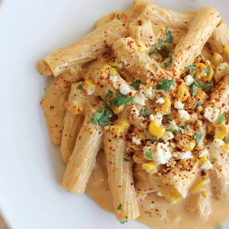 Warm Mexican Street Corn Pasta tossed in a zesty lime cream sauce, served for a weeknight dinner.
