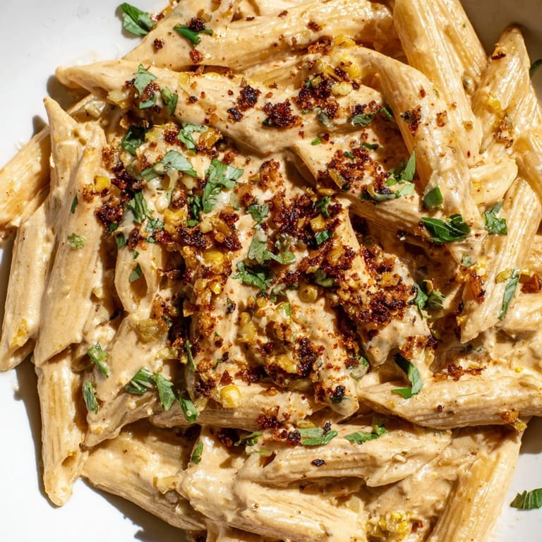 Plated Mexican Street Corn Pasta with smoky chili spices, cotija, and lime wedges for a festive meal.