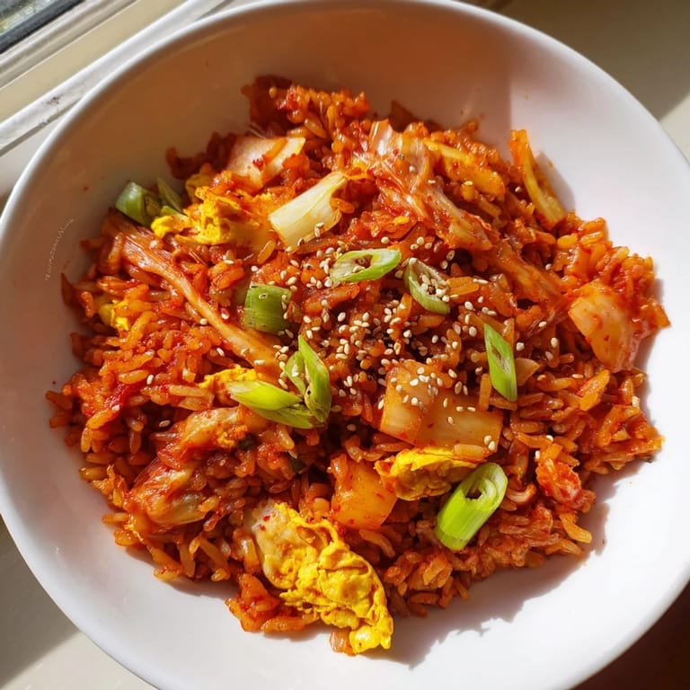 Golden-brown Spicy Kimchi Fried Rice studded with tender vegetables and kimchi, drizzled with sesame oil and served next to a chilled Korean lager on a cozy table.