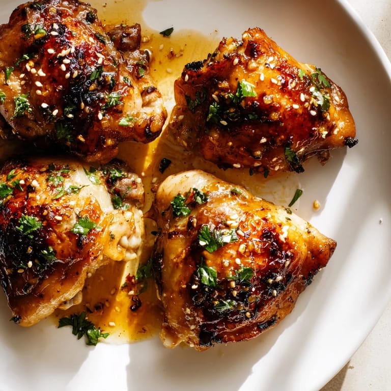 A close-up of tender honey garlic glazed chicken thighs garnished with fresh parsley and sesame seeds on a rustic plate.