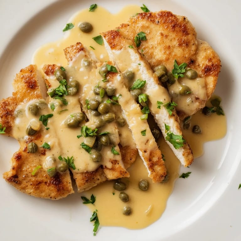 Serving Creamy Chicken Piccata over pasta, garnished with fresh parsley and lemon wedges.