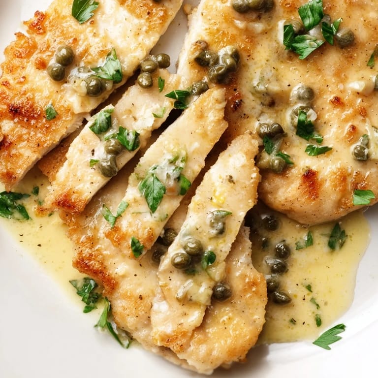 A close-up of Creamy Chicken Piccata revealing juicy chicken in a velvety, tangy sauce.