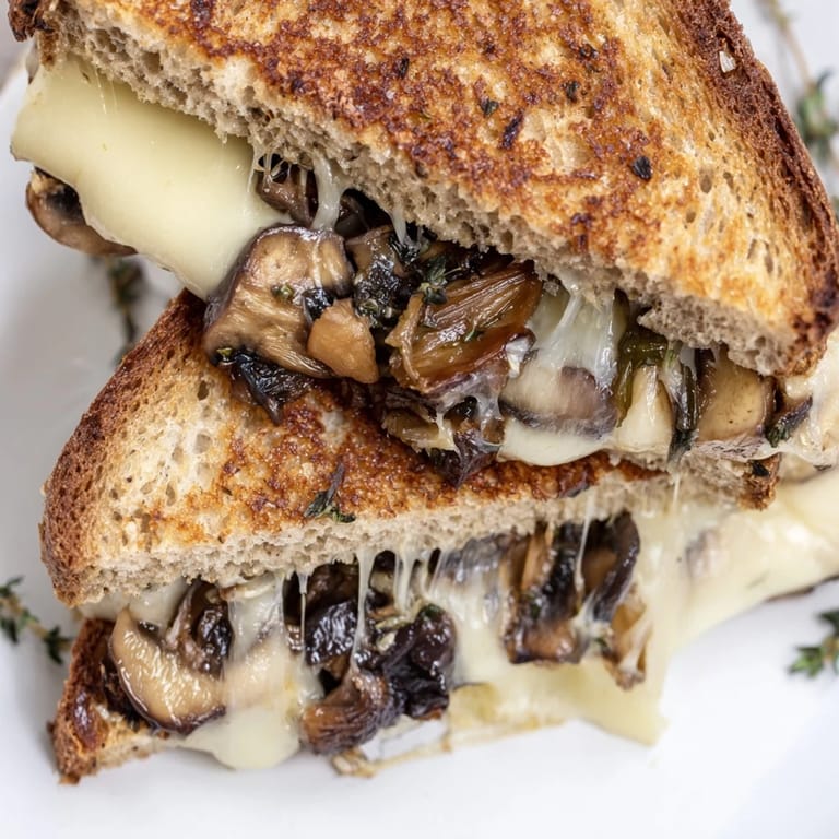 Buttery toasted rye bread cradles earthy mushrooms and gooey Swiss cheese in this savory Mushroom Swiss Grilled Cheese.