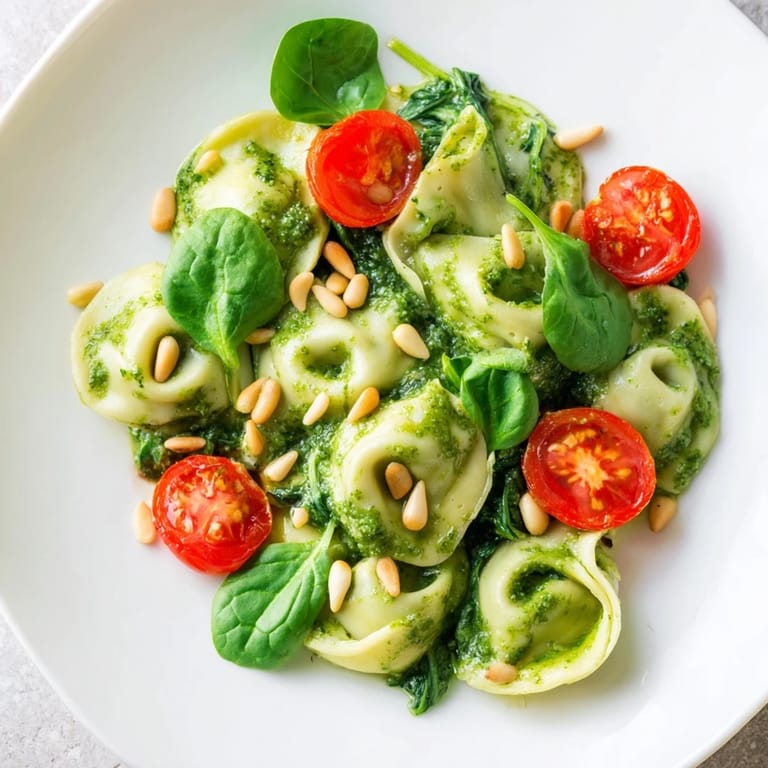 Overhead view of Pesto Tortellini Salad with cheese tortellini, baby spinach, and Parmesan garnish, ready for a refreshing vegetarian picnic.
