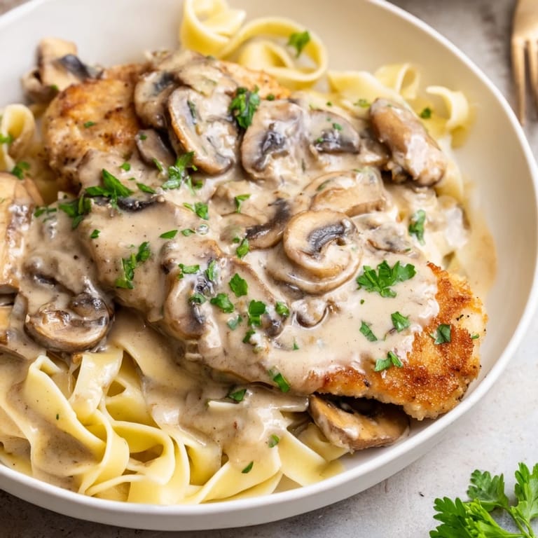 Freshly chopped parsley and grated Parmesan top this savory Creamy Chicken Marsala, highlighting the rich, wine-infused sauce.