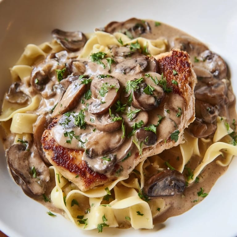 Al dente pasta nests under tender chicken, smothered in a velvety mushroom cream sauce for a hearty meal.