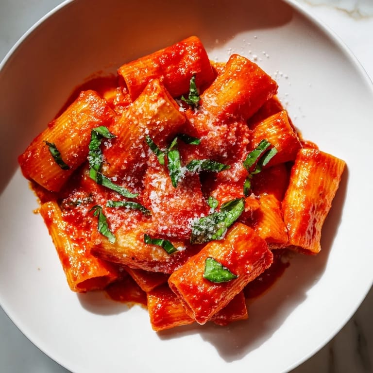 Steam rises from a hearty bowl of Spicy Rigatoni Pasta, with visible red pepper flakes and melted Parmesan on top.