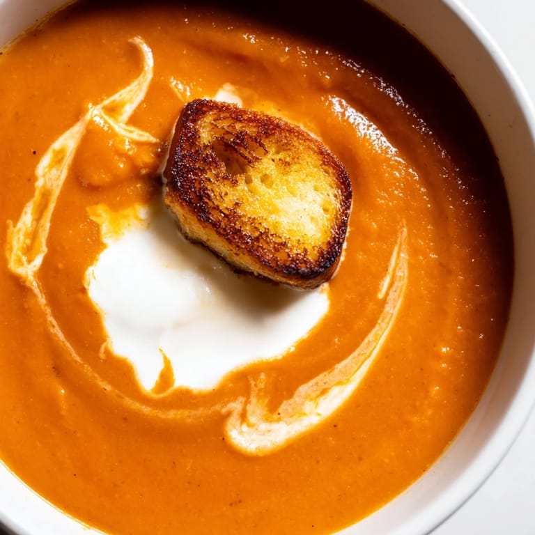A warm bowl of roasted tomato soup garnished with bite-sized grilled cheese croutons.