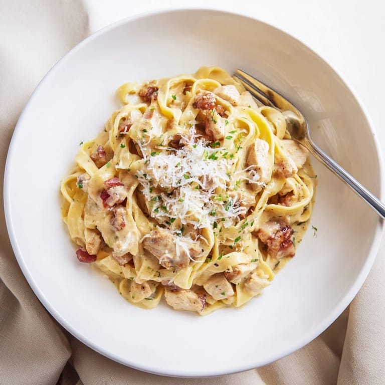 Serving Chicken Carbonara plated with extra Parmesan and parsley, alongside a glass of crisp white wine for a classic Italian meal.