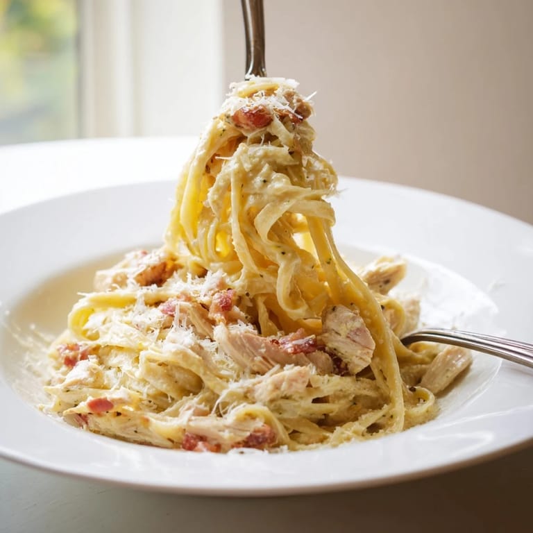 Close-up of Chicken Carbonara showing creamy sauce clinging to spaghetti, with golden chicken pieces and crunchy bacon in a rustic kitchen setting.