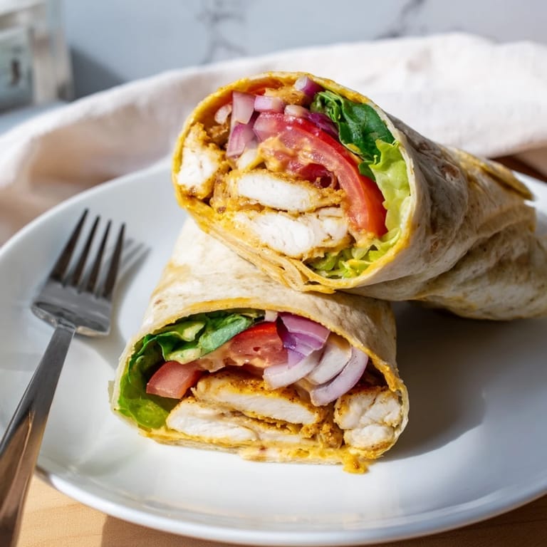 Sliced in half to reveal the layers, this Honey Mustard Chicken Wrap shows juicy chicken, crisp romaine, and red onion inside a warm, toasted tortilla.  