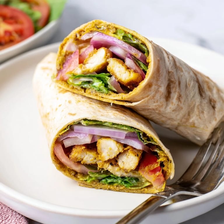 A freshly assembled Honey Mustard Chicken Wrap rests on a wooden board, garnished with extra greens and a side of dipping sauce.
