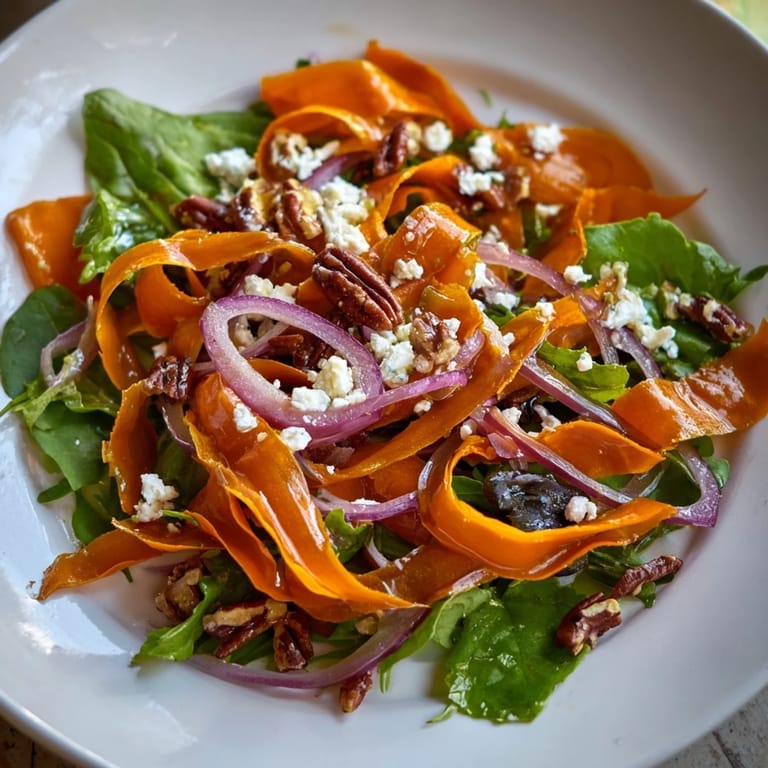 A close-up of Roasted Carrot Ribbon Salad, showing glossy carrot ribbons on fresh greens with feta and nuts.