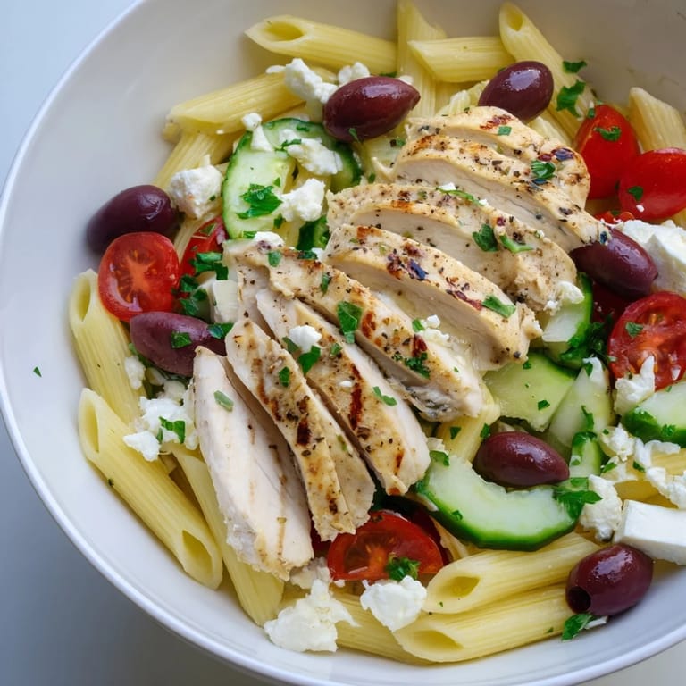 Ready in 40 minutes, this Greek Chicken Pasta Bowl showcases tangy dressing, fresh herbs, and vibrant Mediterranean vegetables.