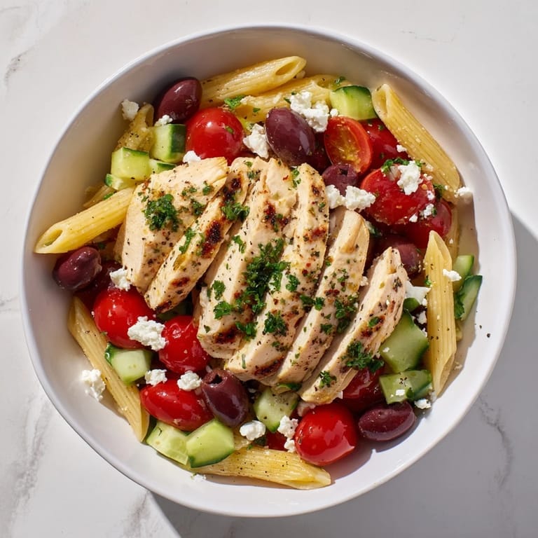 A colorful Greek Chicken Pasta Bowl features juicy chicken, briny Kalamata olives, and crumbled feta over chilled pasta.