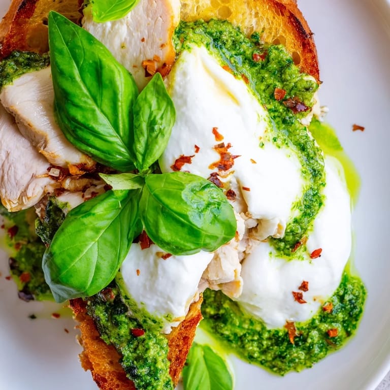 This easy open-faced Pesto Chicken Burrata Toast combines crisp bread, seasoned chicken, and rich burrata for a satisfying snack.