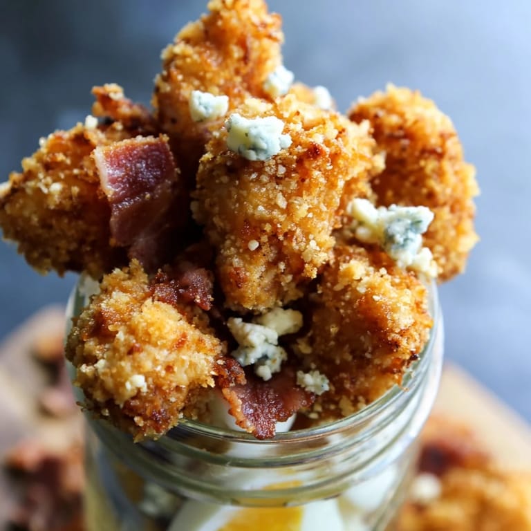 Enjoy the Crispy Chicken Cobb Jar Salad with creamy avocado and cherry tomatoes, ready to shake and serve.