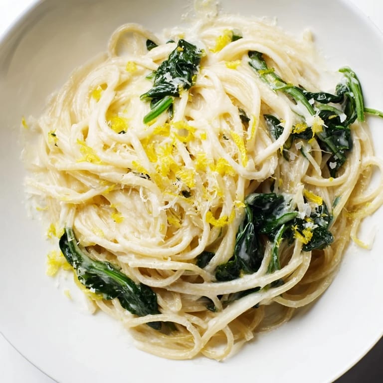 A close-up of Creamy Lemon Spinach Spaghetti with a glossy sauce and freshly grated Parmesan, perfect for a light Italian-style meal.