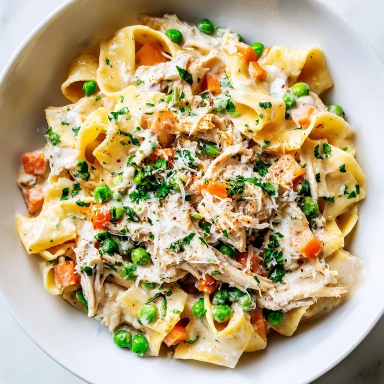 Close-up of a creamy Spring Chicken Noodle Skillet, highlighting juicy shredded chicken, wide egg noodles, and fresh green peas.