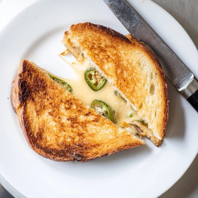 Crispy Jalapeño Havarti Grilled Cheese resting on a plate next to a creamy bowl of tomato soup.
